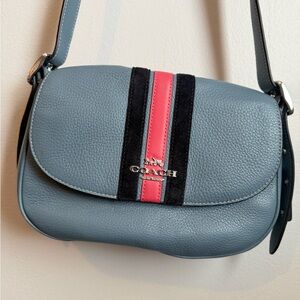 Coach Blue Pebbled Leather Crossbody with Pink Stripe and Black Trim